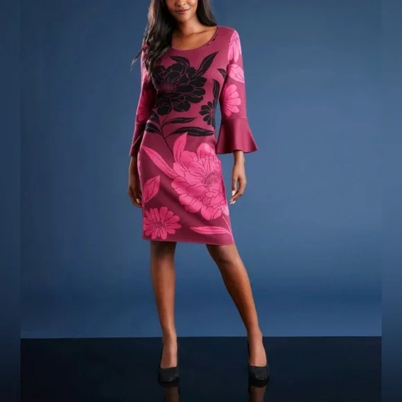 London Times NWT Women'sBell Sleeve Floral Print Sheath Sweater Dress Size XL